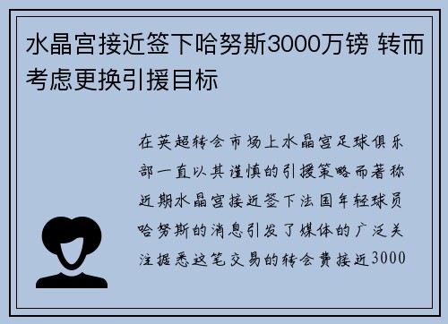 水晶宫接近签下哈努斯3000万镑 转而考虑更换引援目标 水晶宫接近签下哈努斯3000万镑 转而考虑更换引援目标